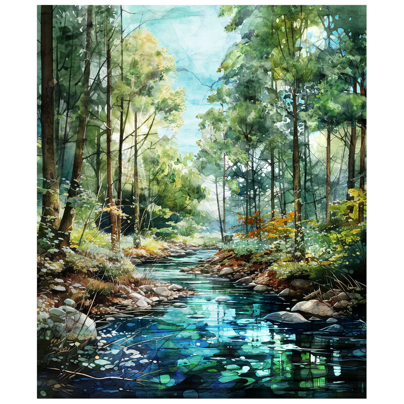 Panel fabric showcasing a woodland scene with a stream bed bordered by trees.