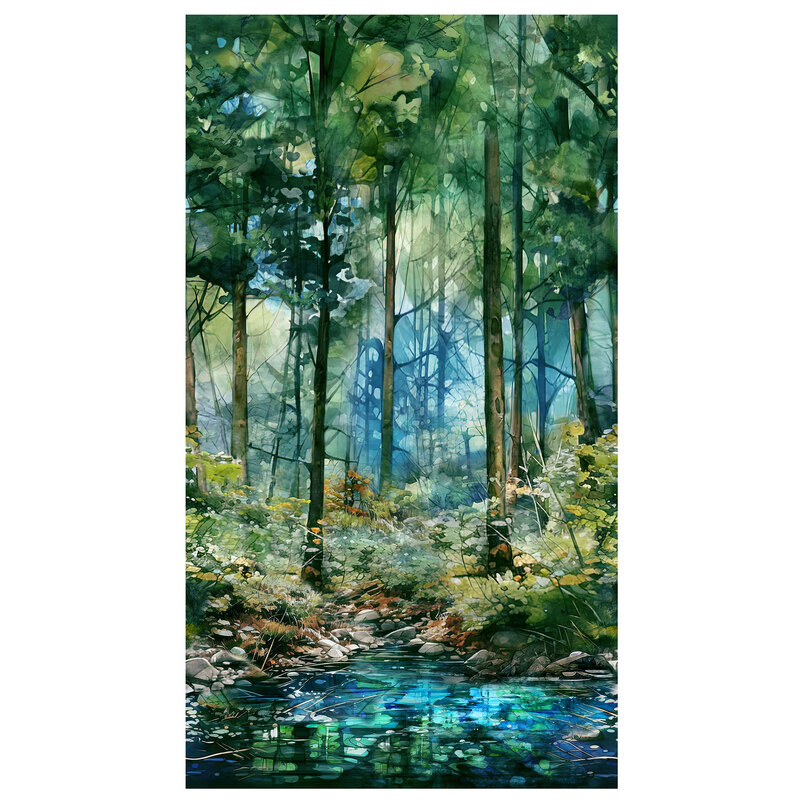 Panoramic fabric featuring a woodland scened of trees beside a pond.
