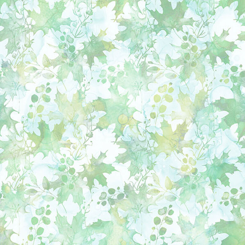 Mottled light teal fabric featuring the silhouettes of oak leaves and acorn.