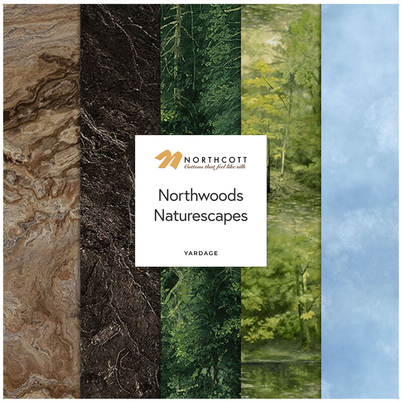 A collage of fabrics included in the Northwoods - Naturescapes collection featuring earthy textures and serene forests.