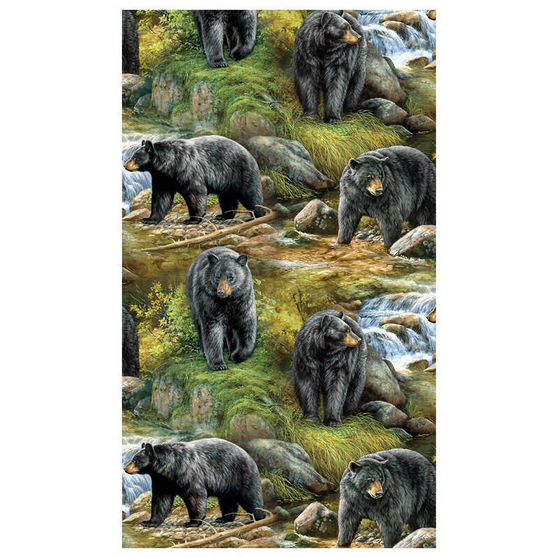Black bears and flowing streams on a background of lush, green wilderness.