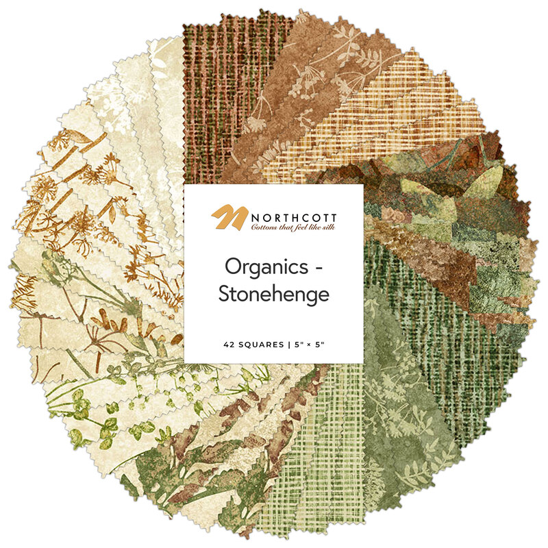A circular arrangement of 42 5x5 inch fabric squares in earthy tones with floral and textured patterns, labeled Organics - Stonehenge by Northcott.
