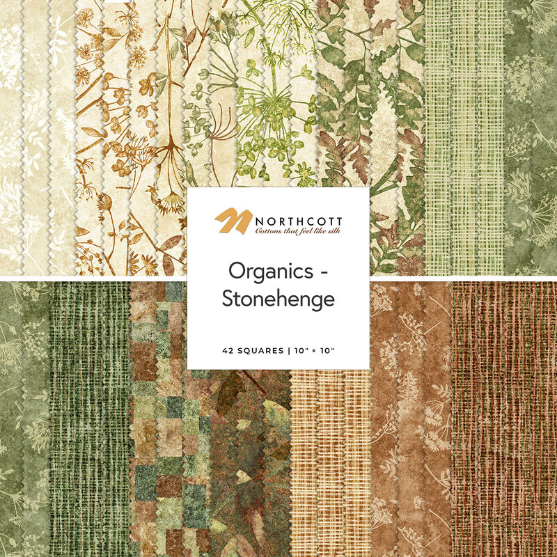 Fabric swatch collection titled Organics - Stonehenge featuring 42 squares in earthy tones and patterns.