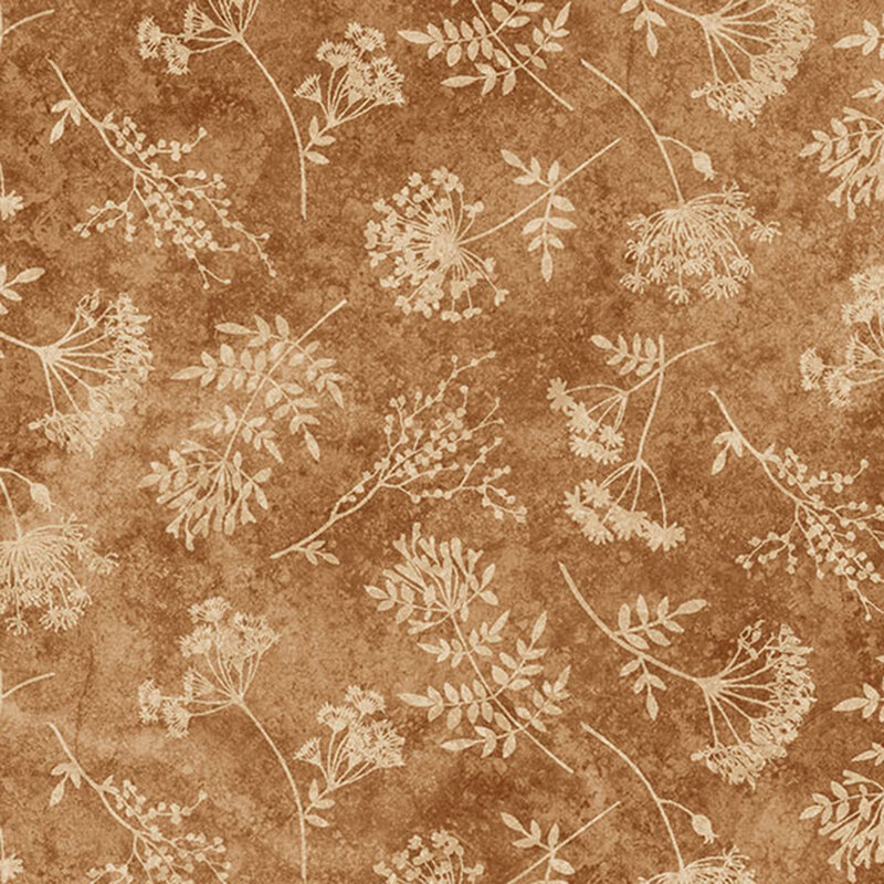 Mottled brown fabric with a tonal, softly flattened floral and leaf pattern.
