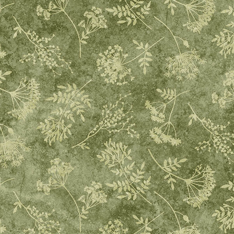 Mottled green fabric with a tonal, softly flattened floral and leaf pattern.