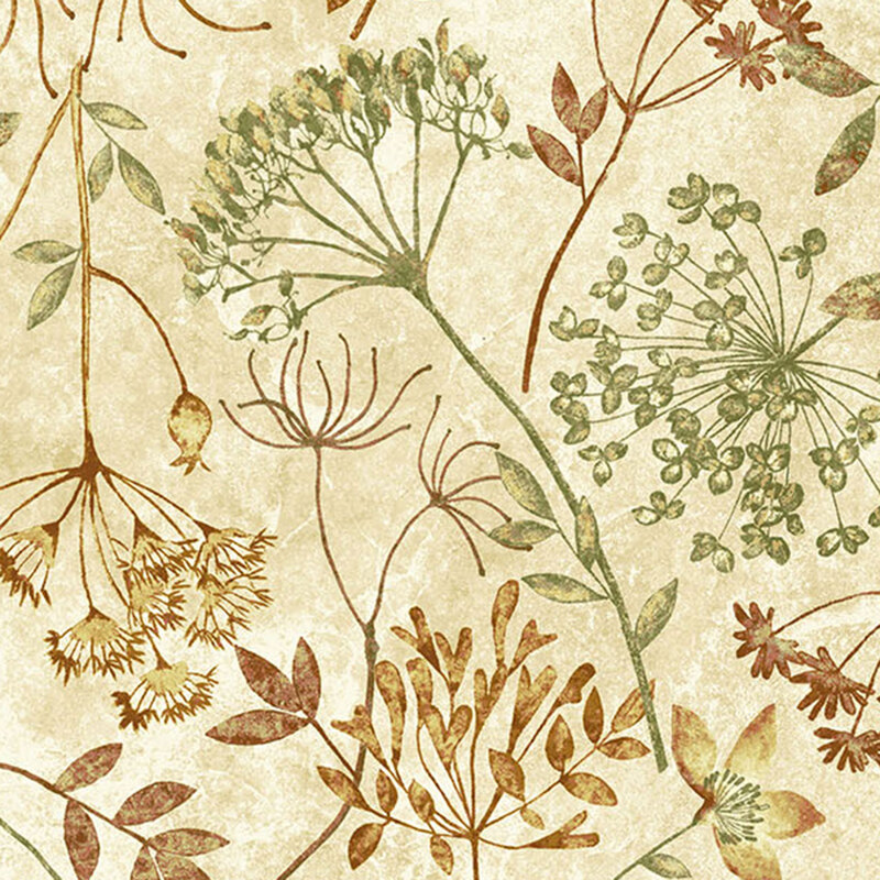 Mottled cream fabric with a pattern of softly flattened green and brown florals.