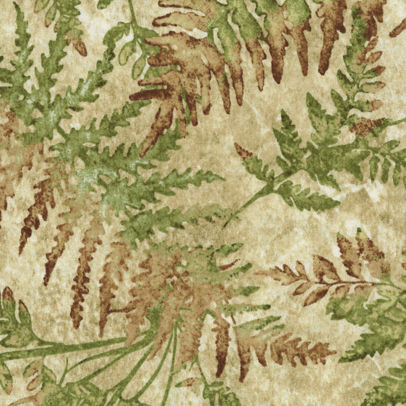 Mottled sand fabric features an allover pattern of green and brown leaves.