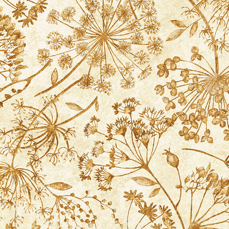 Cream fabric with organic brown florals scattered across a softly mottled background.