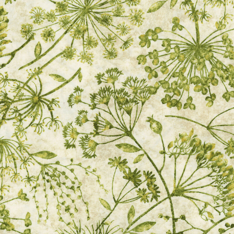 Cream fabric with green florals scattered across a softly textured background.