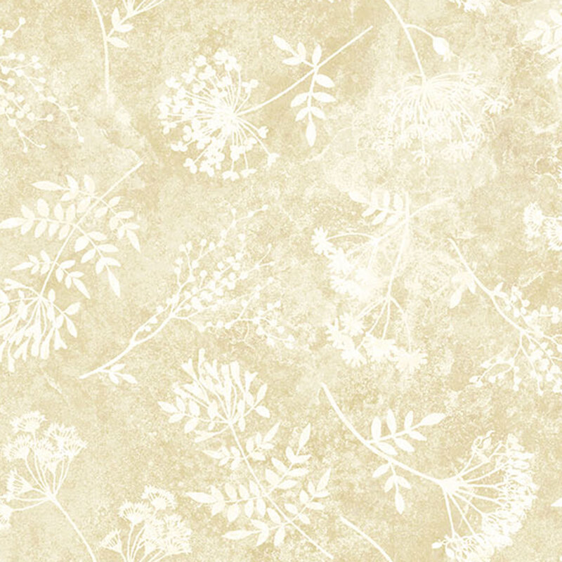 Mottled cream fabric with a tonal, softly flattened floral and leaf pattern.