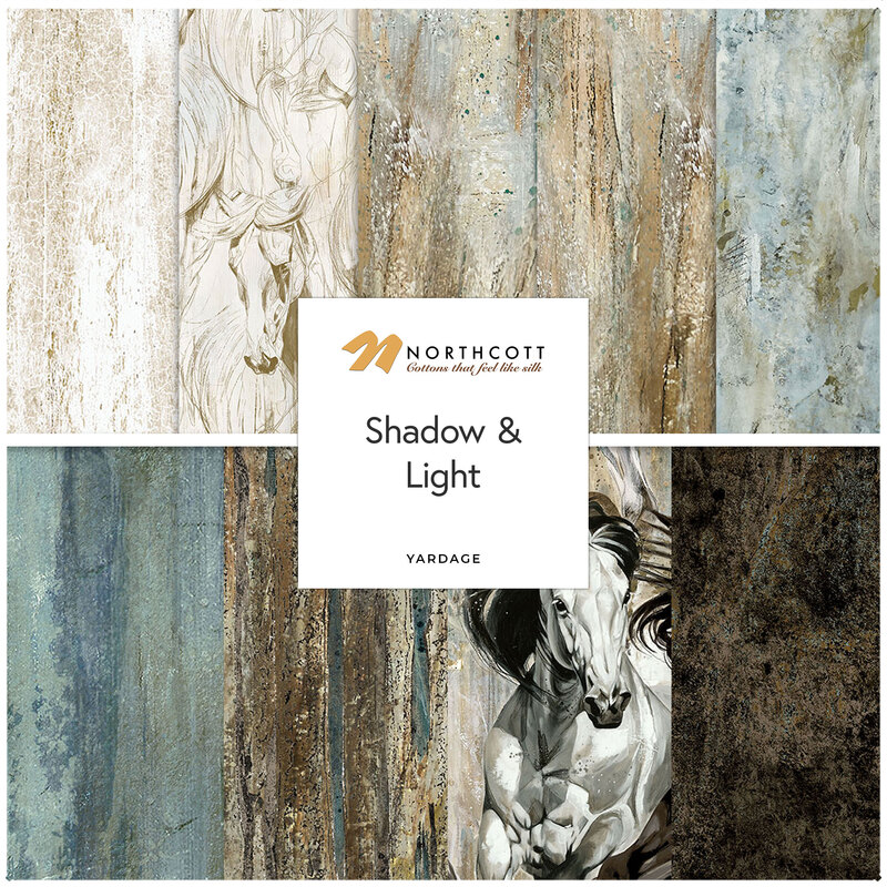 Collage of fabrics in the collection featuring textured and equestrian patterns in light tan, muted teal, and dark brown