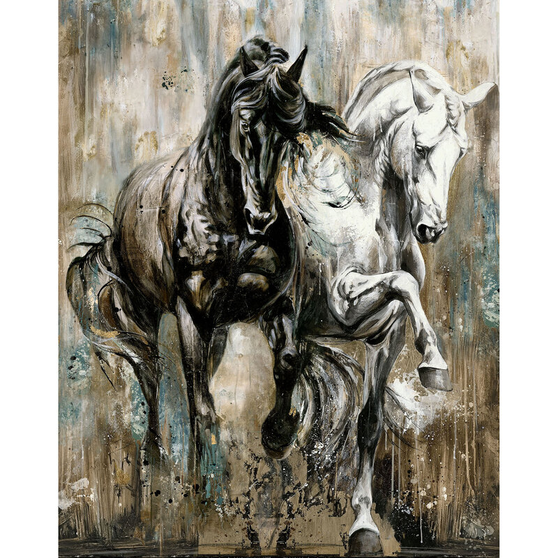 A fabric panel with two painted horses in white and ebony atop a dry brush textured tan, brown, and teal background