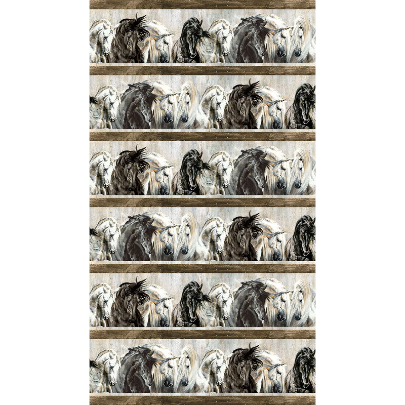Border print fabric with light and dark horses on textured tan, with wooden stripes