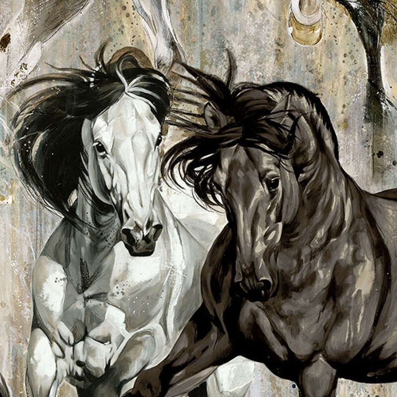 Dry brush textured taupe fabric with a pattern of painted light and dark horses in motion