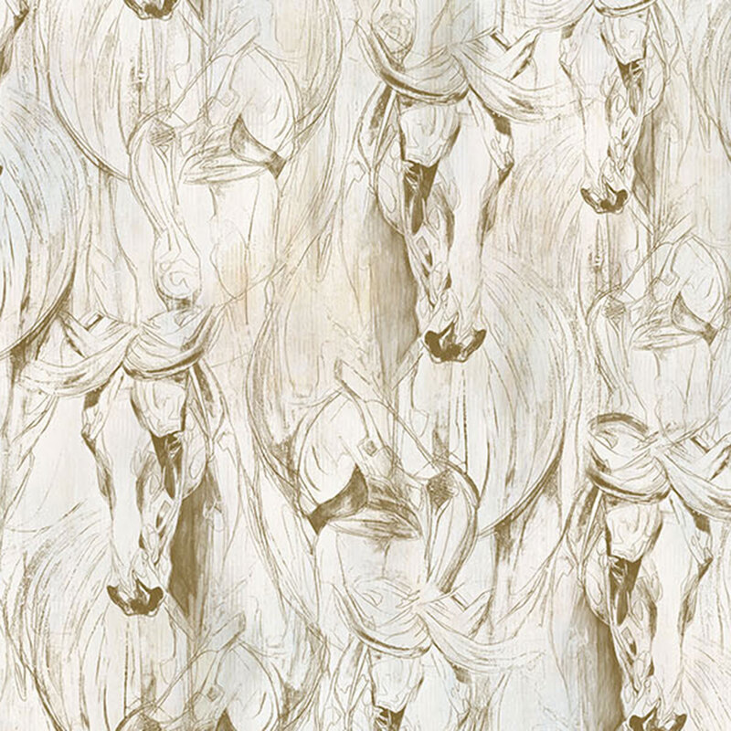 Mottled beige fabric with a pattern of tan sketched horses