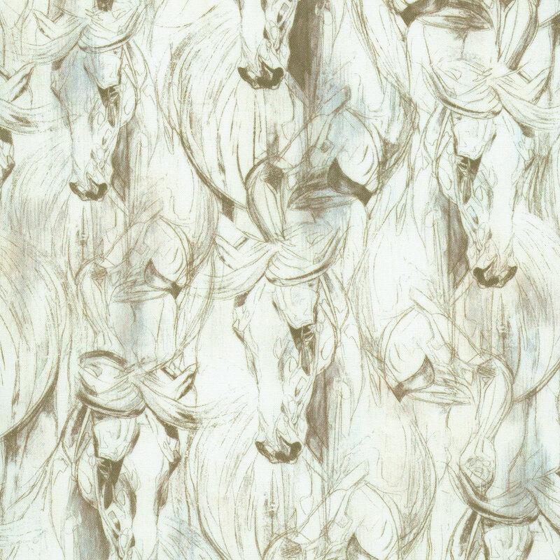 Mottled beige fabric with a pattern of tan sketched horses