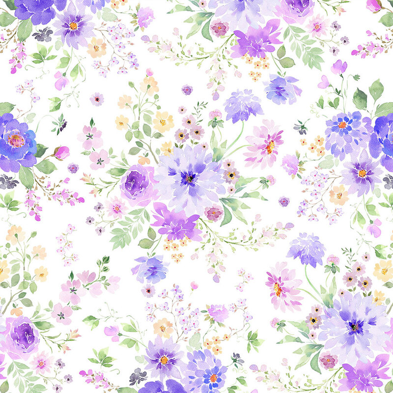 A white fabric with bunches of purple, yellow, and pink watercolor florals and green leaves. 