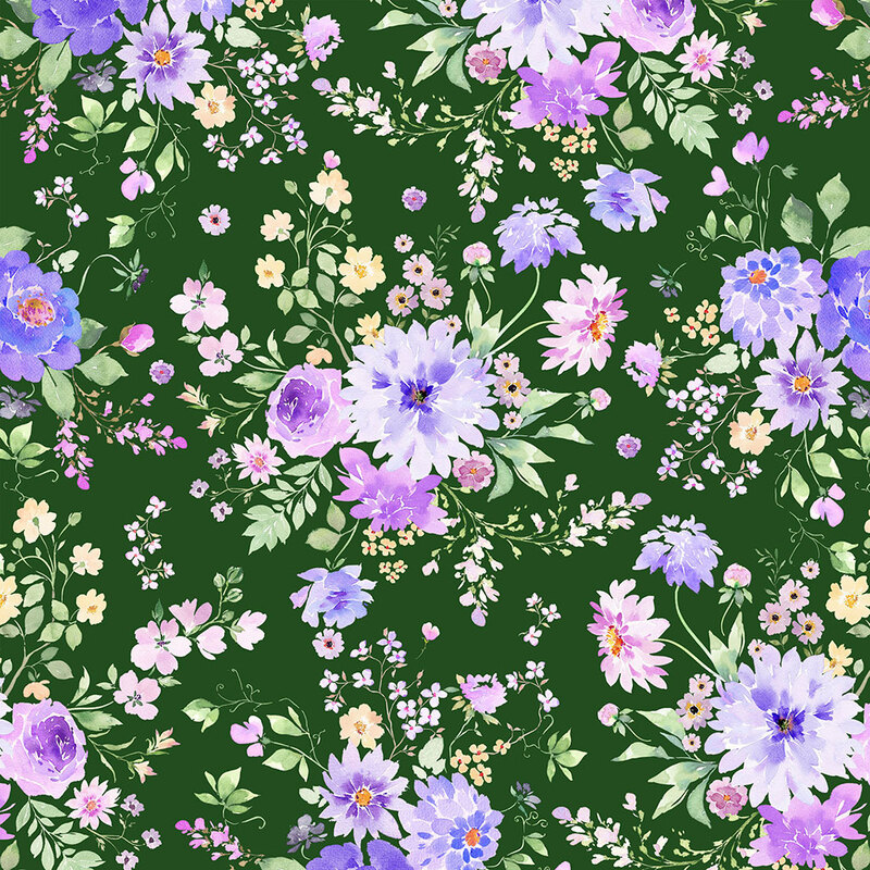 A forest green fabric with bunches of purple, yellow, and pink watercolor florals and green leaves. 