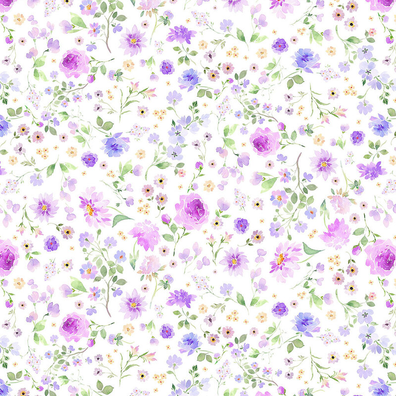 A white fabric with tossed purple, yellow, and pink flowers and green leaves in a watercolor style. 