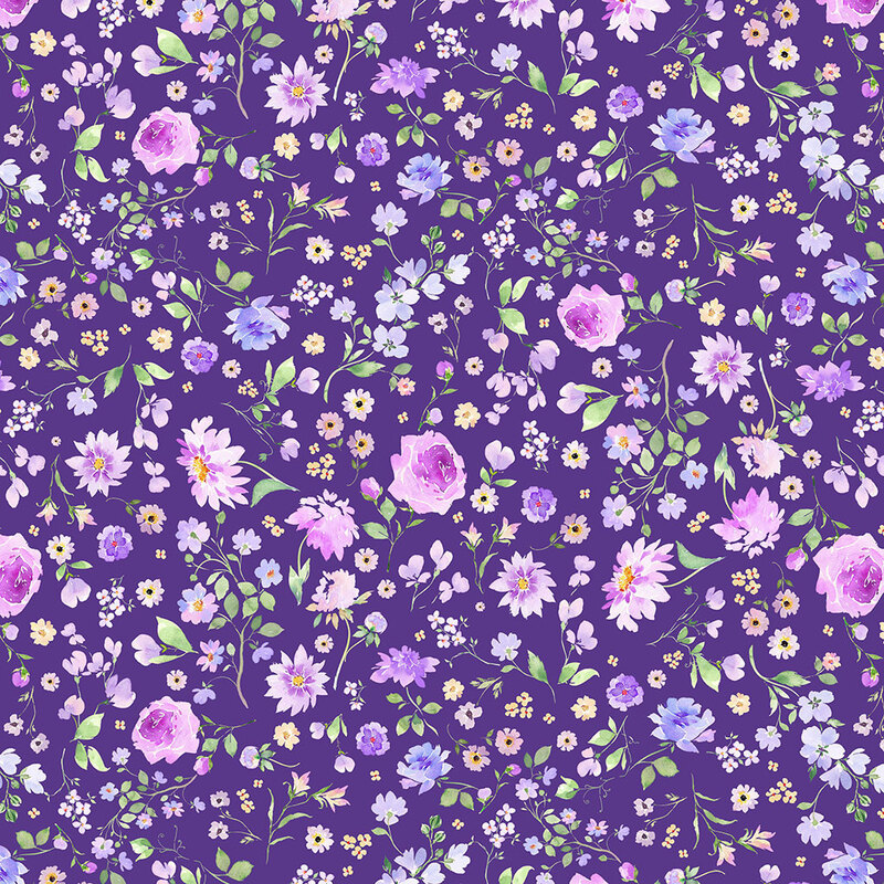 A royal purple fabric with tossed purple, yellow, and pink flowers and green leaves in a watercolor style. 