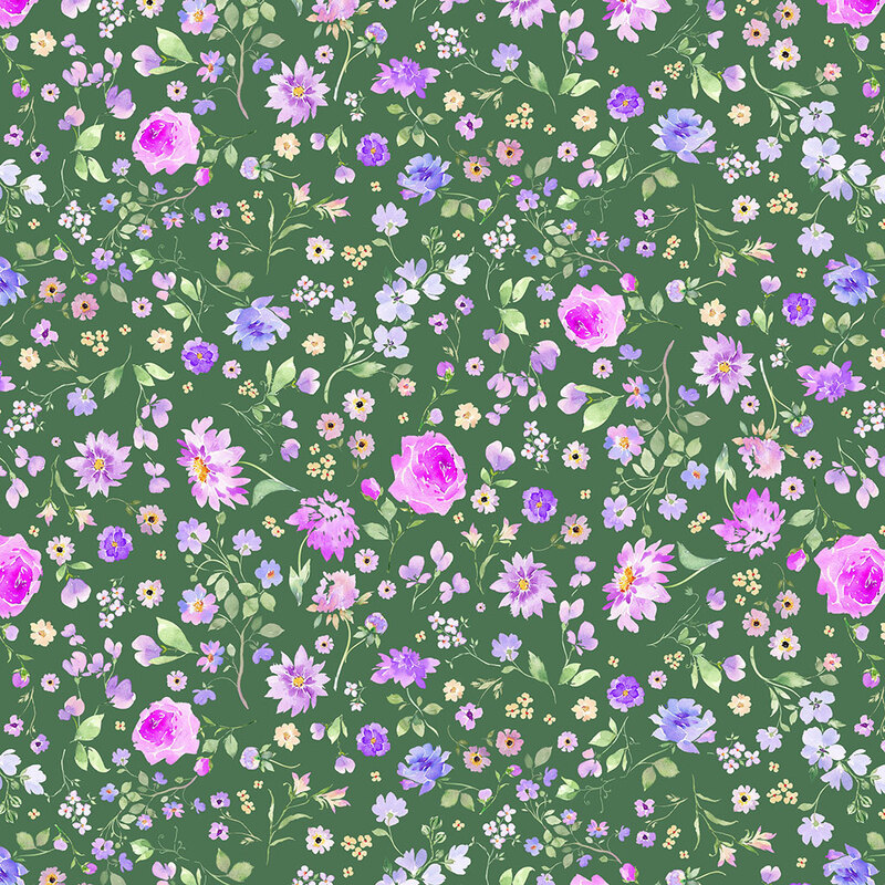 A forest green fabric with tossed purple, yellow, and pink flowers and green leaves in a watercolor style. 