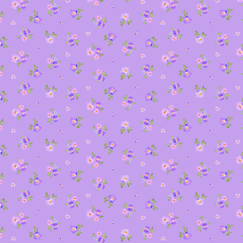 A orchid fabric with tossed purple flowers and green leaves in a watercolor style. 
