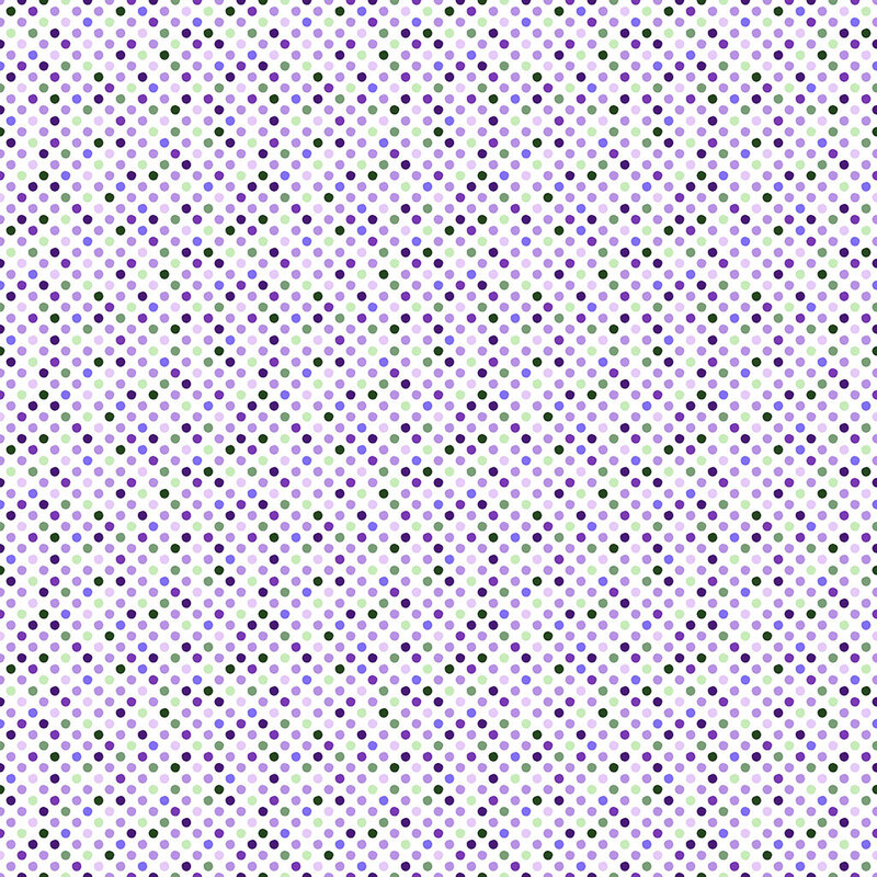 A white fabric with orchid, royal purple, spring green, and forest green polka dots. 