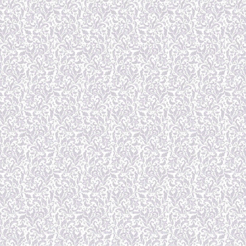 A digital gray-on-white fabric with a light pattern of tiny decorated leaves. 