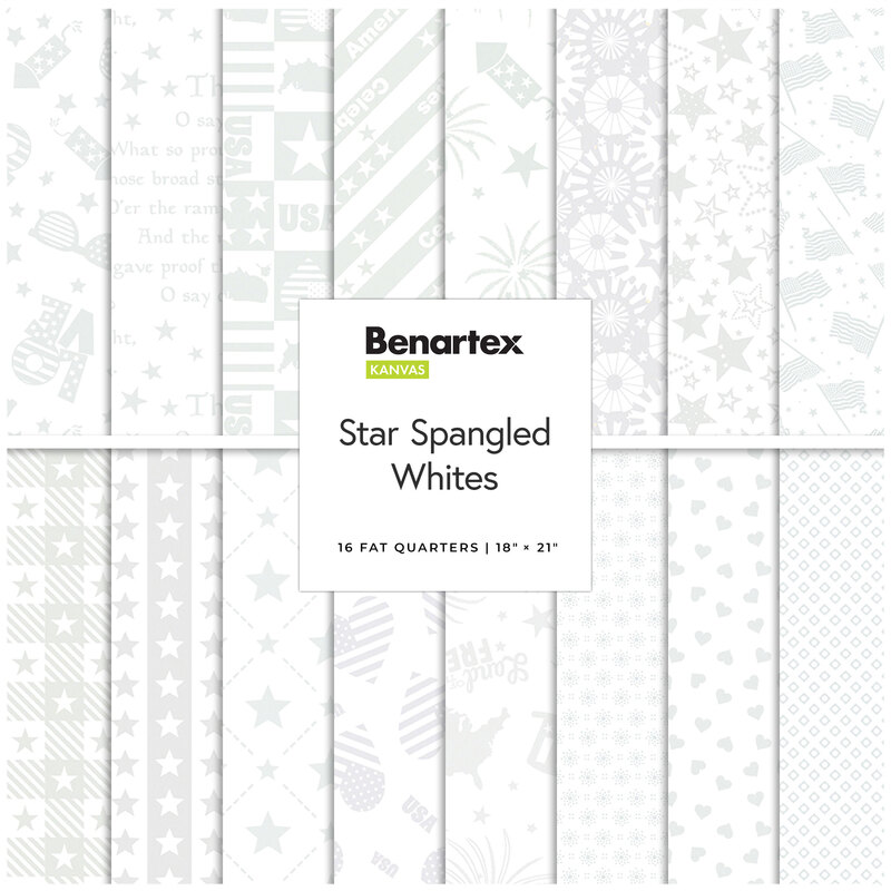 A collage of fabrics included in the Star Spangled Whites collection with white on white fabrics featuring patriotic themes.