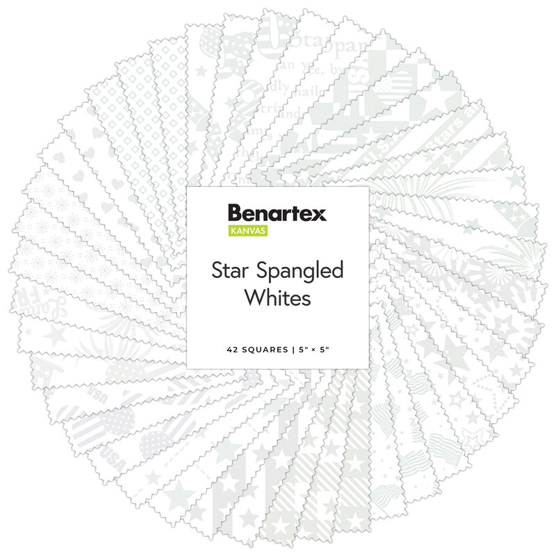 A collage of fabric swatches in white on white with patriotic themes.