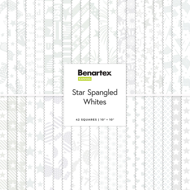 Two rows of patterned fabric swatches in white on white with patriotic themes.