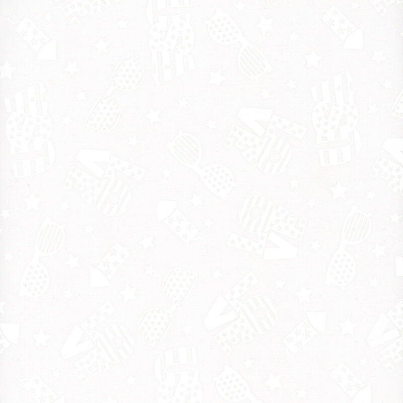A white on white fabric featuring fireworks, sunglasses, stars, and stylized words. on white fabric featuring fireworks, sunglasses, stars, and stylized words.