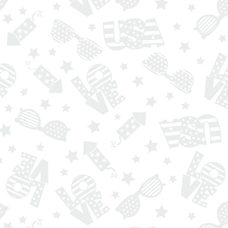 White on white fabric featuring fireworks, sunglasses, stars, and stylized words.