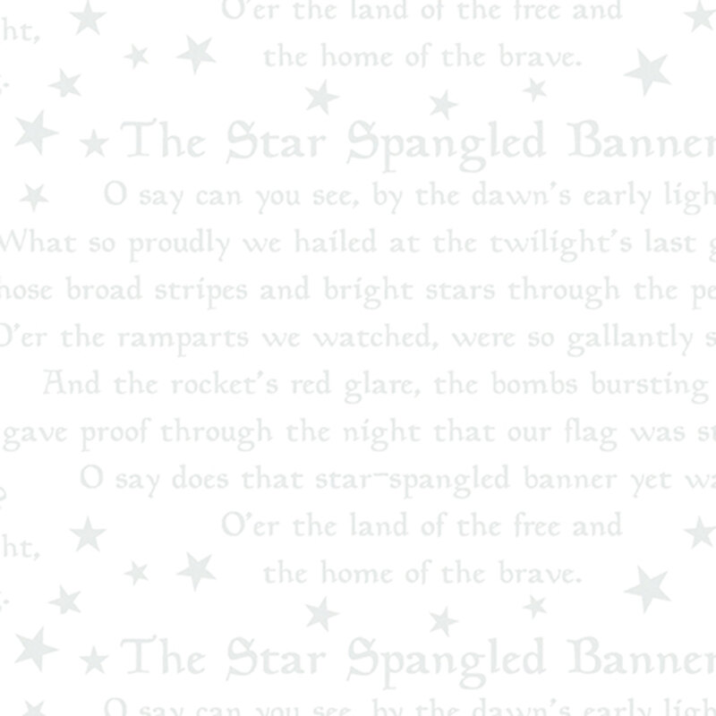 White on white fabric featuring the Star Spangled Banner National Anthem surrounded by stars.