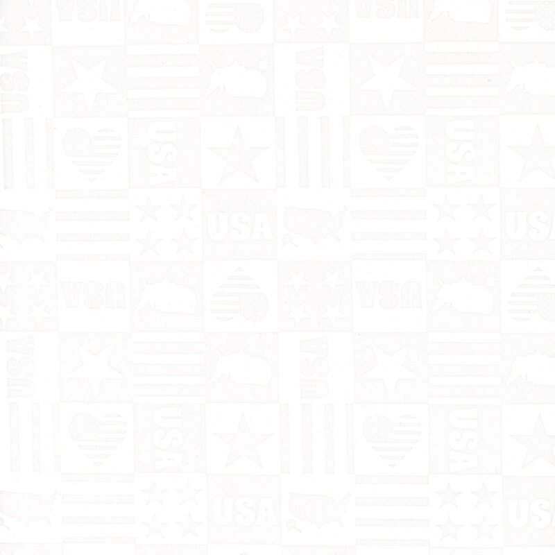 A white on white fabric featuring blocks of patriotic themes of stars, stripes, maps, and hearts.