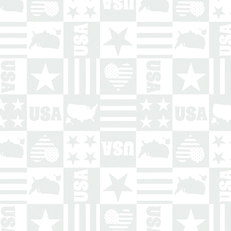 White on white fabric featuring blocks of patriotic themes of stars, stripes, maps, and hearts.