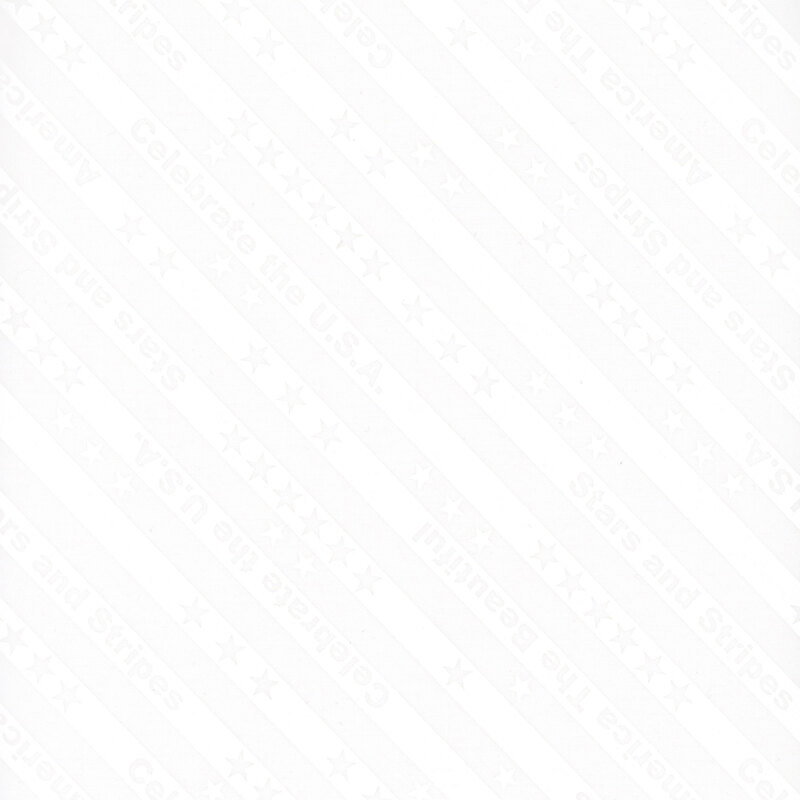 A white on white fabric with diagonal stripes, stars, and patriotic phrases.