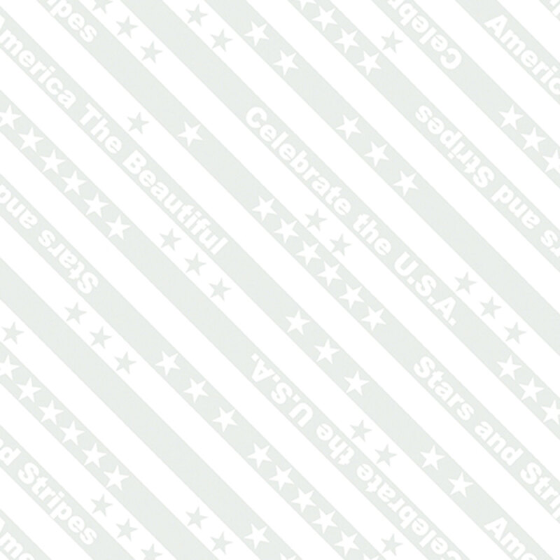 White on white fabric with diagonal stripes, stars, and patriotic phrases.