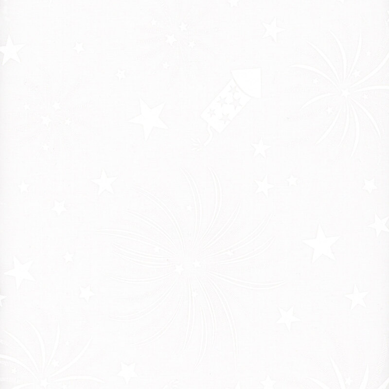 A white on white fabric featuring fireworks and stars.