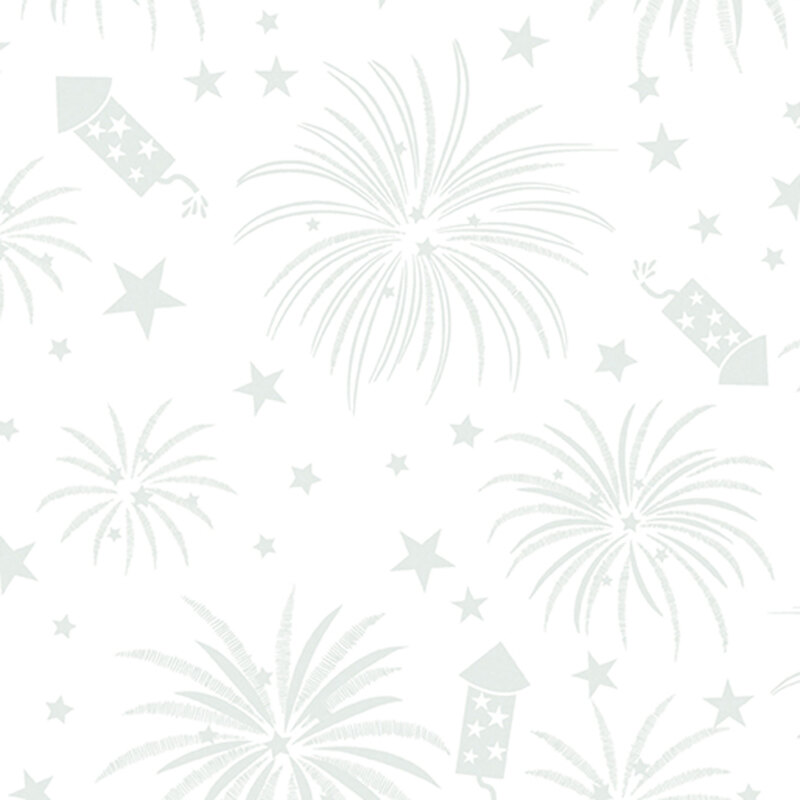 White on white fabric featuring fireworks and stars.