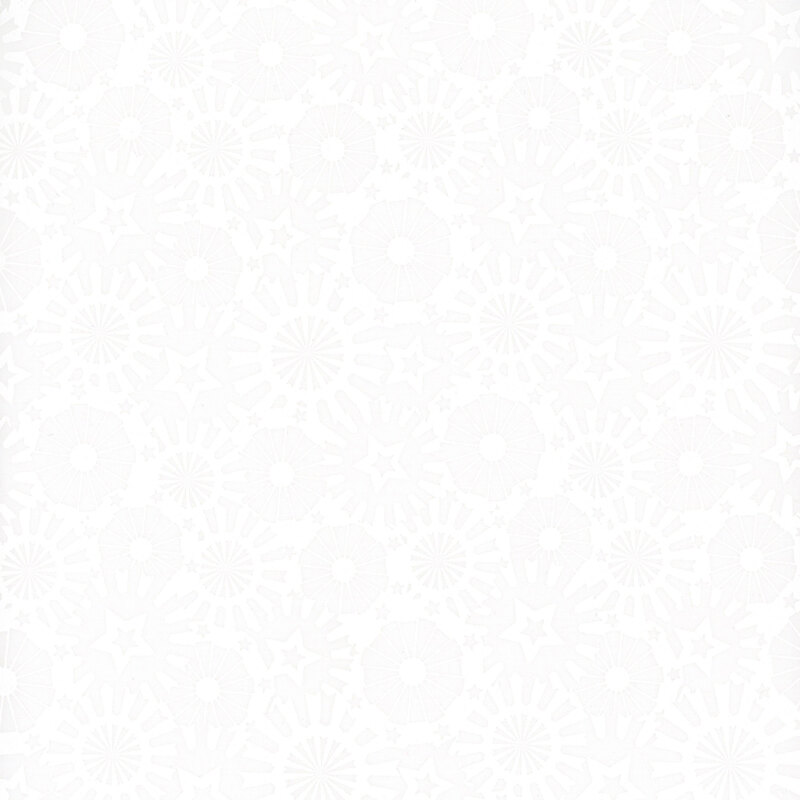 A white on white fabric featuring stars and starbursts.