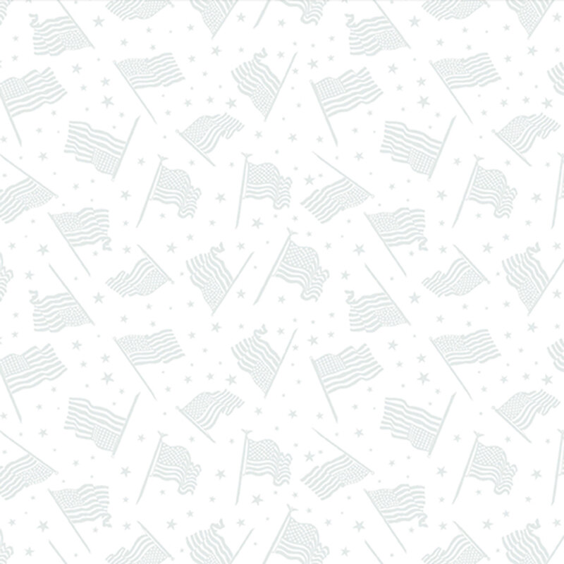 White on white patriotic fabric with flags and stars.