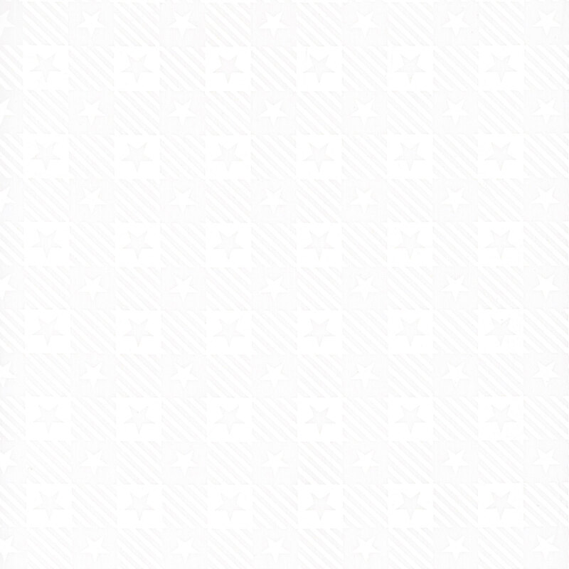 A white on white fabric in a gingham style print with stripes and stars.