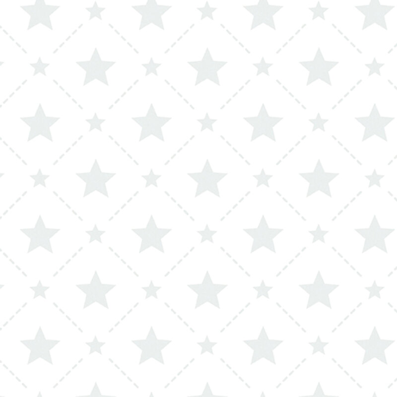 White on white fabric with dotted diamond outlines and stars.
