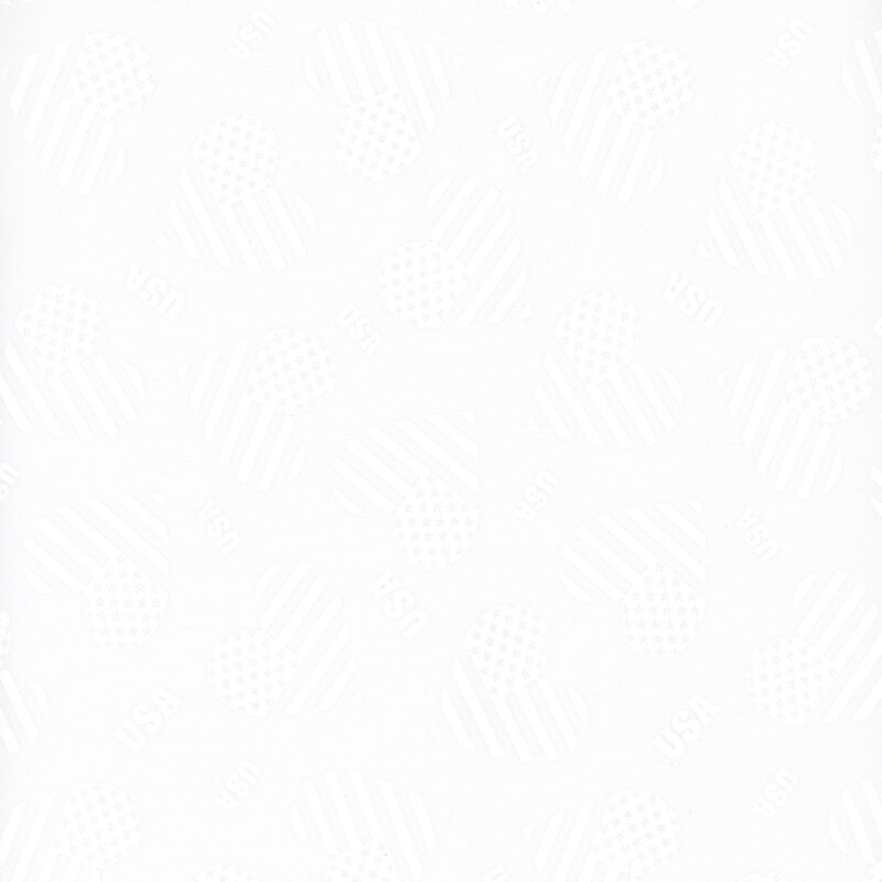 A white on white fabric featuring flag hearts and USA.