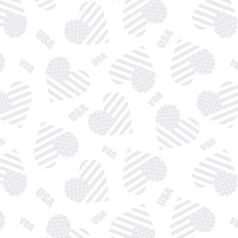 White on white fabric featuring flag hearts and USA tossed on a white background.