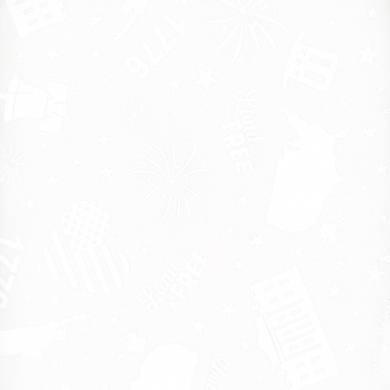 A white on white patriotic fabric featuring fireworks, flags, maps, and stars.