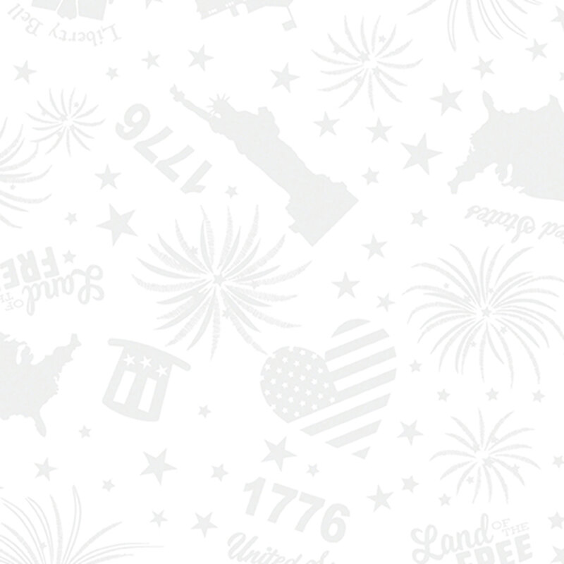 White on white patriotic fabric featuring fireworks, flags, maps, and stars.