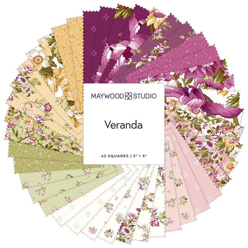 Circular collage of fabrics in the collection in magenta, pink, goldenrod, grass green, and white with traditional, ornate floral designs