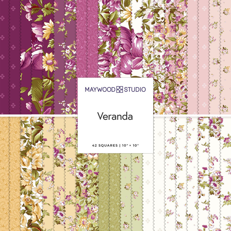 Collage of fabrics from the collection in magenta, pink, goldenrod, grass green, and white with traditional, ornate floral designs